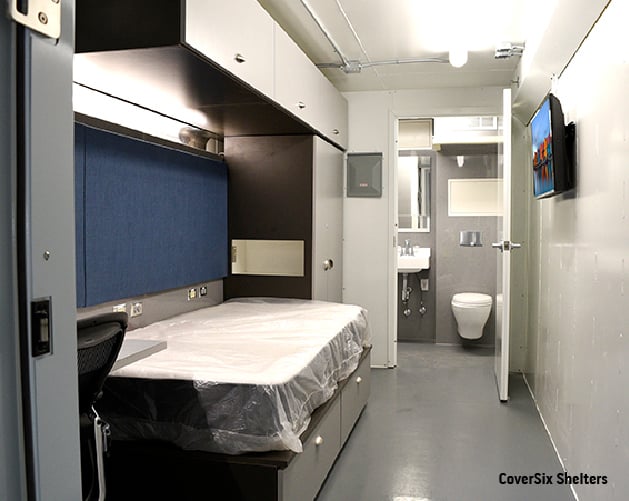 The interior of this HATS embassy building contains spacious bedroom suites and bathrooms, while offering protection in overseas deployments