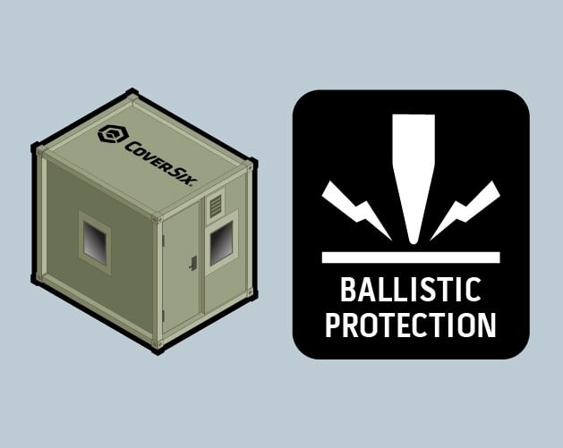 Guard shack illustration with ballistic protection symbol indicating hardened security structure