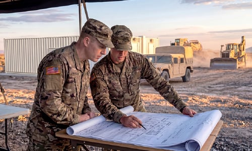 U.S. military personnel reviewing site plans in the field during a CoverSix modular facility project.