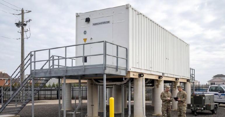 Elevated modular emergency sanctuary designed for hurricane protection and critical operations