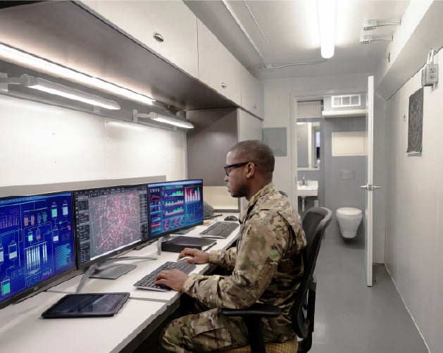 Personnel operating inside a modular emergency sanctuary during mission-critical operations