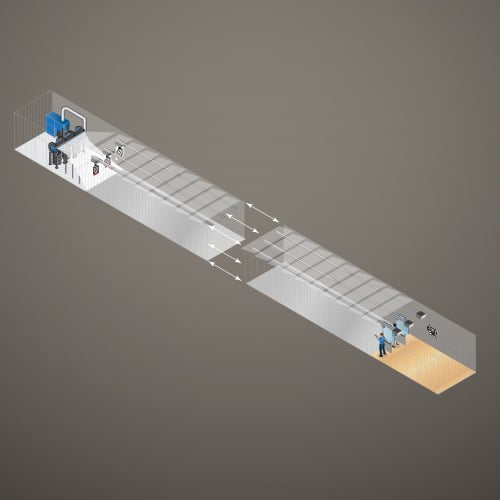 Rendering of a modular shooting range with firing and target areas. 
